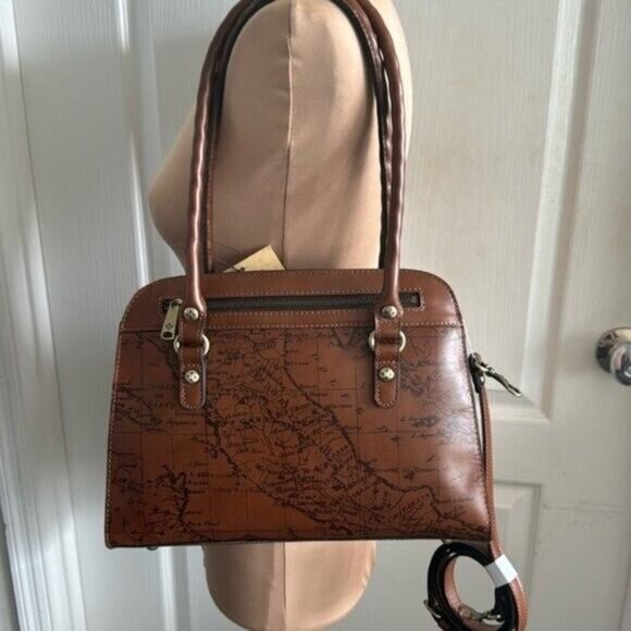 Patricia Nash Riot Rust Leather Calvi Satchel Crossbody Signature Map Brown - Picture 4 of 11